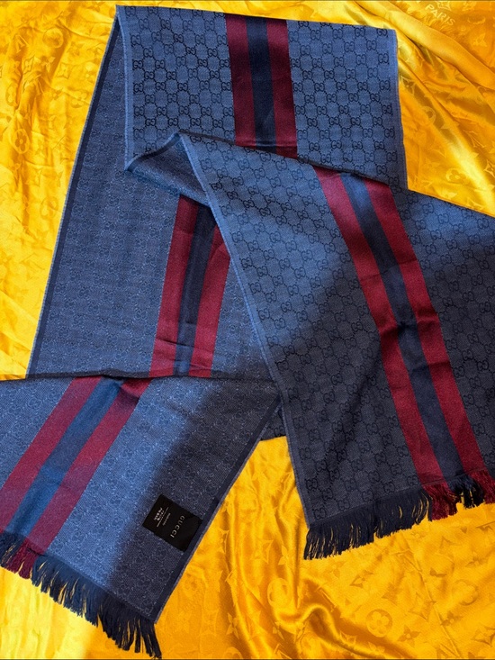 Gucci Other - Gucci Wool Silk GG Monogram Web Verbiere Fringe Scarf Navy Blue